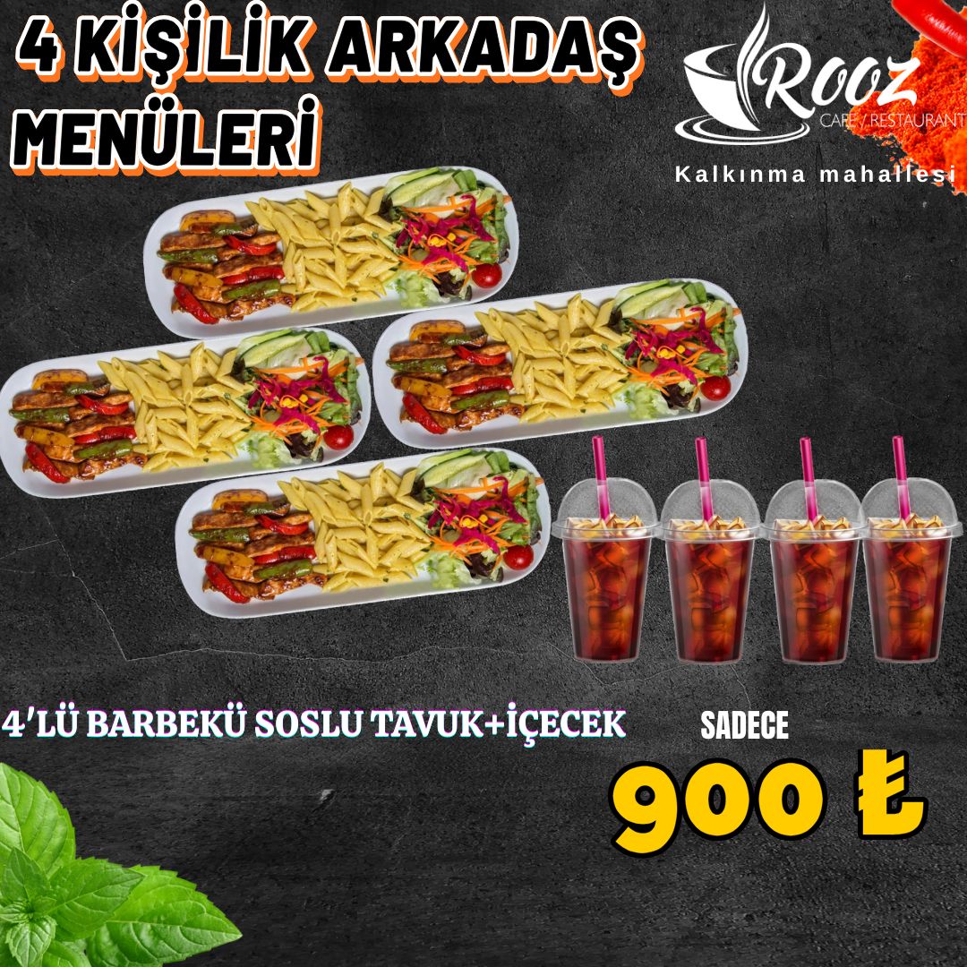 4'LÜ NEFİS BARBEKÜ SOSLU TAVUK+İÇECEK - İÇECEK ÇEŞİTLERİ COLA -AYRAN küp küp doğranmış barbekü soslu tavuk bonfile dilimleri,kapya,carliston,sarımsak,mantar,krema,zerdeçallı makarna,mevsim yeşillikleri ile servis edilir.