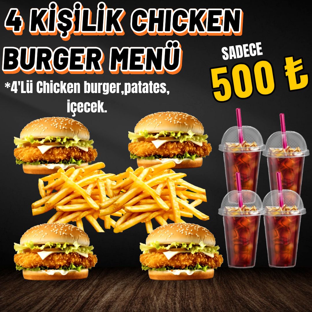 4'LÜ EFSANE CHICKEN BURGER +PATATES+ İÇECEK - İÇECEK ÇEŞİTLERİ COLA -AYRAN  panelenmiş tavuk göğsü,marul,domates,turşu,karamelize mantar-soğan,dip sos