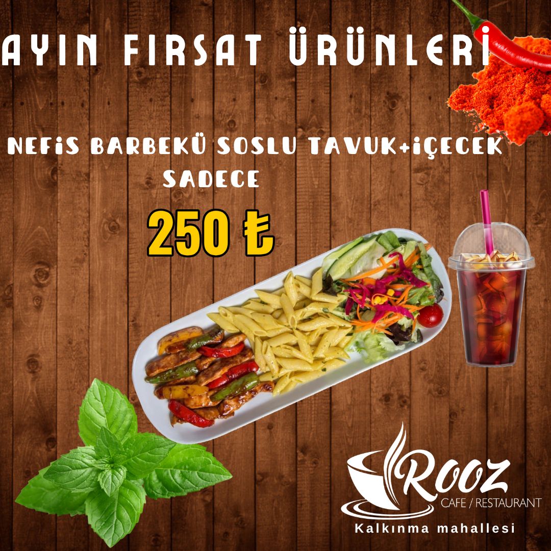 NEFİS BARBEKÜ SOSLU TAVUK+İÇECEK - İÇECEK ÇEŞİTLERİ COLA -AYRAN 
küp küp doğranmış barbekü soslu tavuk bonfile dilimleri,kapya,carliston,sarımsak,mantar,krema,zerdeçallı makarna,mevsim yeşillikleri ile servis edilir.
