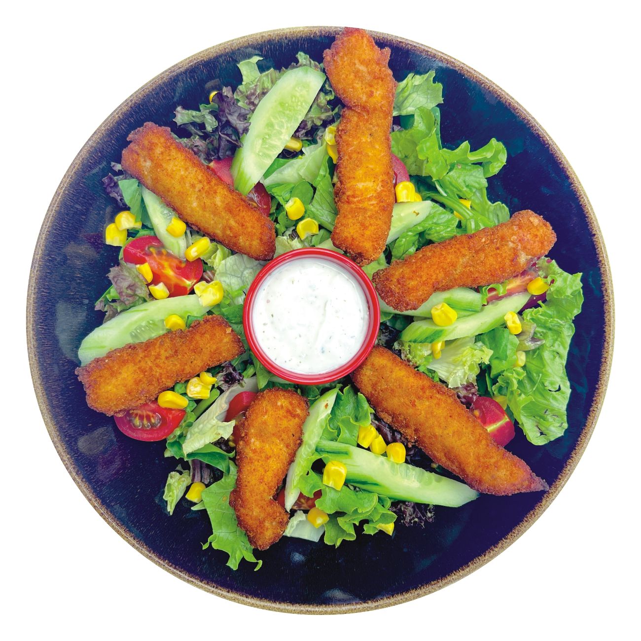 Tempura Chicken Salad - Çıtır tavuk parçaları, mevsim yeşilliği, domates, salatalık ve özel sos ile servis edilir.