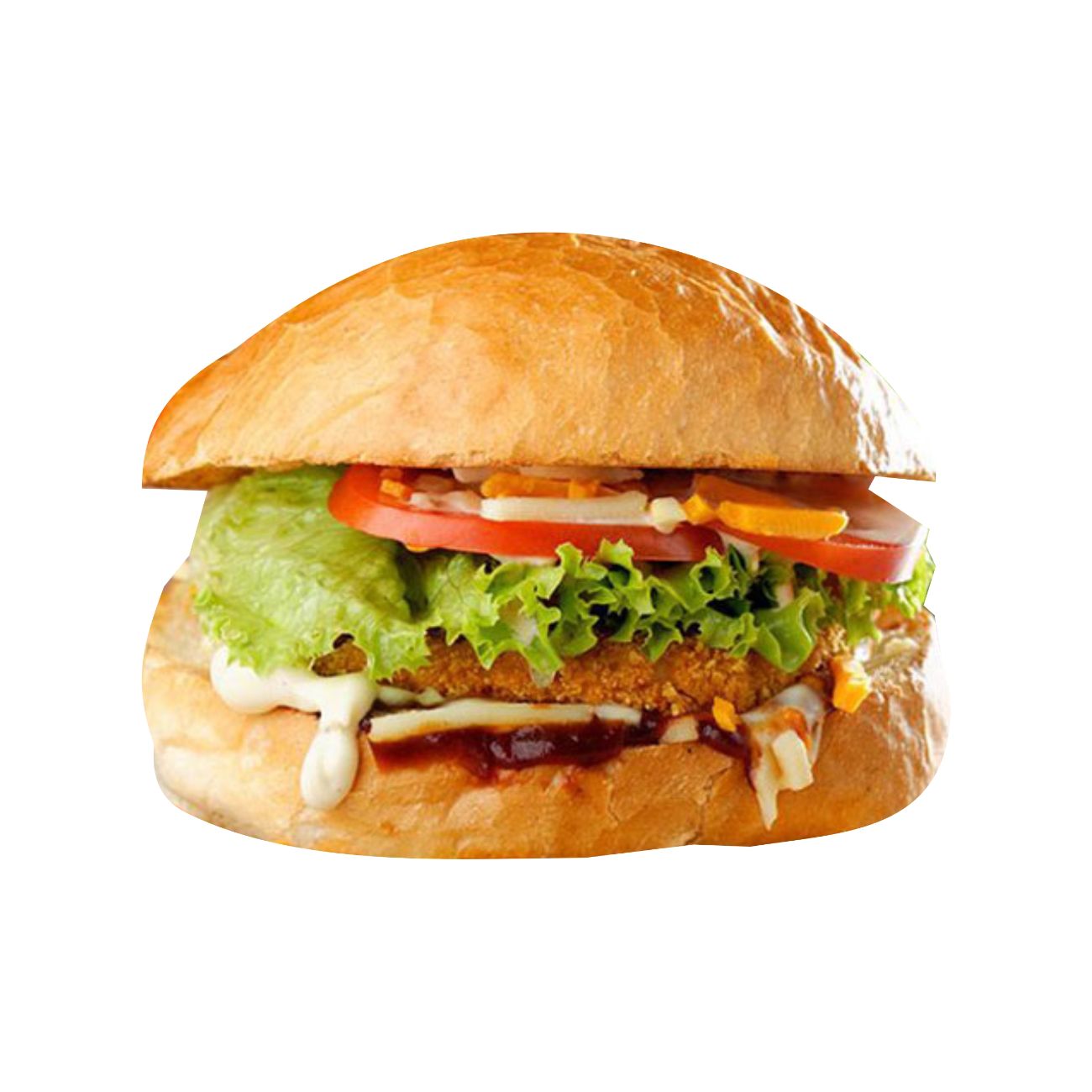Chicken Burger - Hamburger ekmeği arasında 110 gram tavuk köftesi, domates, salatalık turşusu, kızarmış soğan, kıvırcık marul, redpapper sos ve baharatlı patates ile servis edilir.