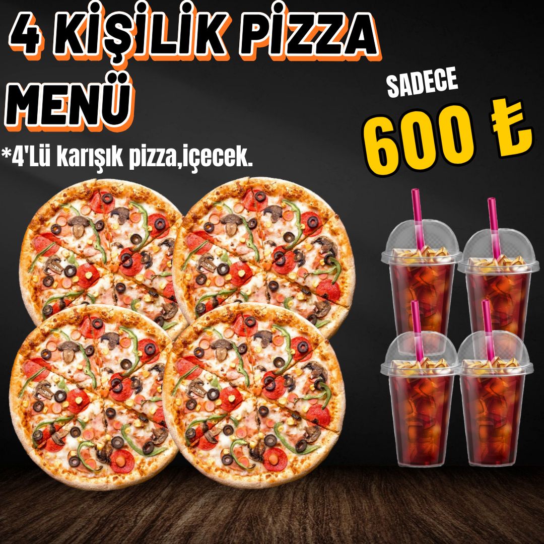 4'LÜ EFSANE KARIŞIK PİZZA +İÇECEK - İÇECEK ÇEŞİTLERİ COLA -AYRAN