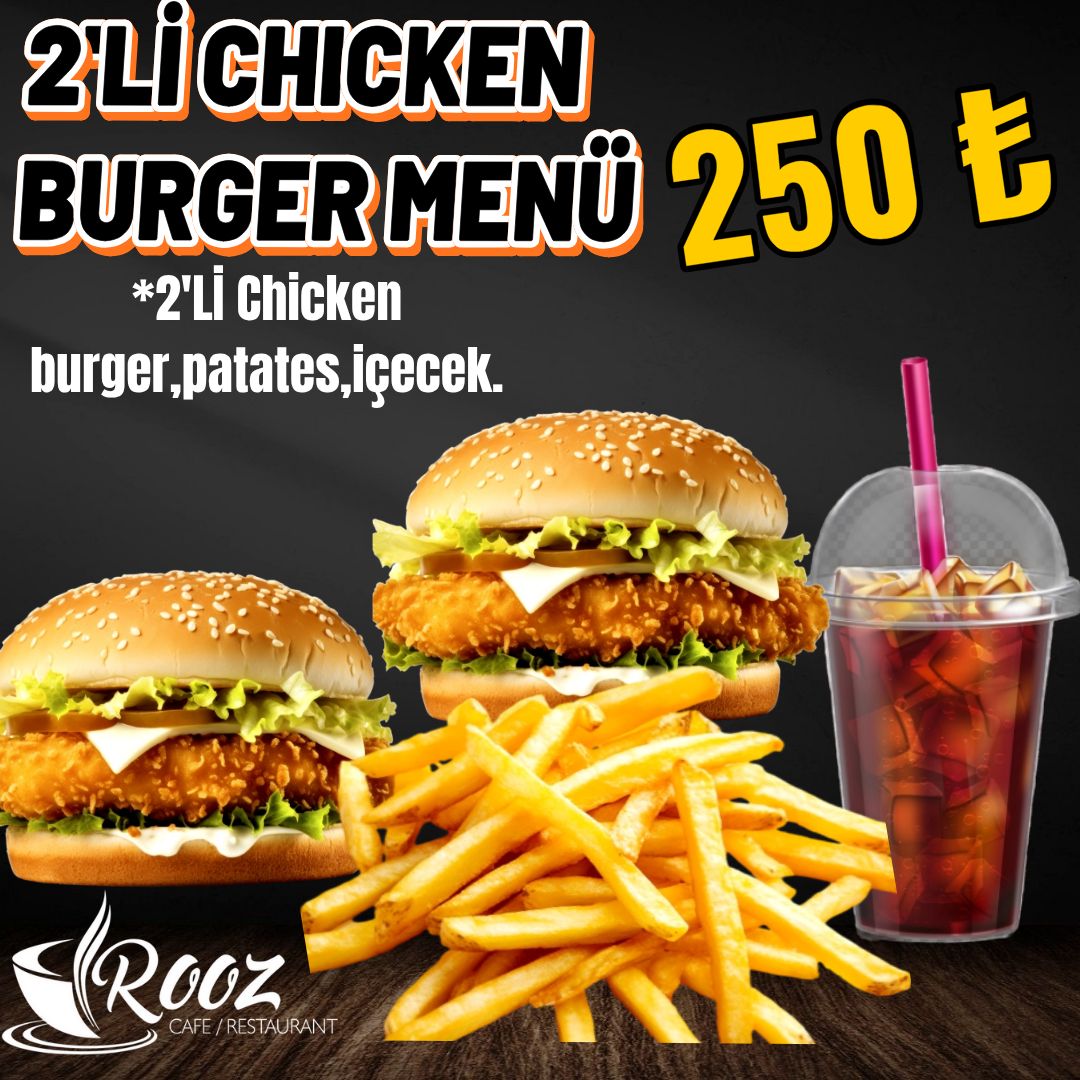 2'Lİ CHICKEN BURGER +PATATES+ İÇECEK - İÇECEK ÇEŞİTLERİ COLA -AYRAN  panelenmiş tavuk göğsü,marul,domates,turşu,karamelize mantar-soğan,dip sos