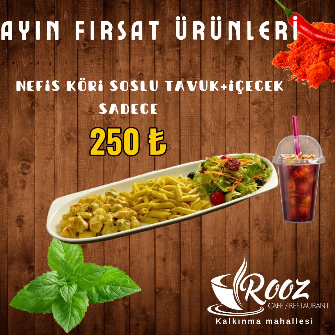 NEFİS KÖRİ SOSLU TAVUK+İÇECEK - İÇECEK ÇEŞİTLERİ COLA -AYRAN
küp küp doğranmış köri soslu tavuk bonfile dilimleri,sarımsak,mantar,krema,zerdeçallı makarna,mevsim yeşillikleri ile servis edilir.