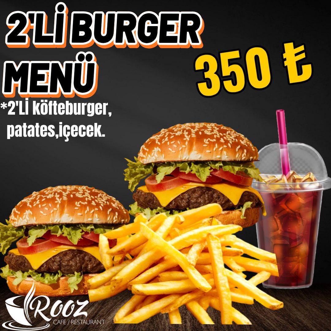 2'Lİ KÖFTE BURGER +PATATES+ İÇECEK - İÇECEK ÇEŞİTLERİ COLA -AYRAN hamburger köftesi ,marul,turşu,domates,karamelize mantar-soğan,cheddar sos
