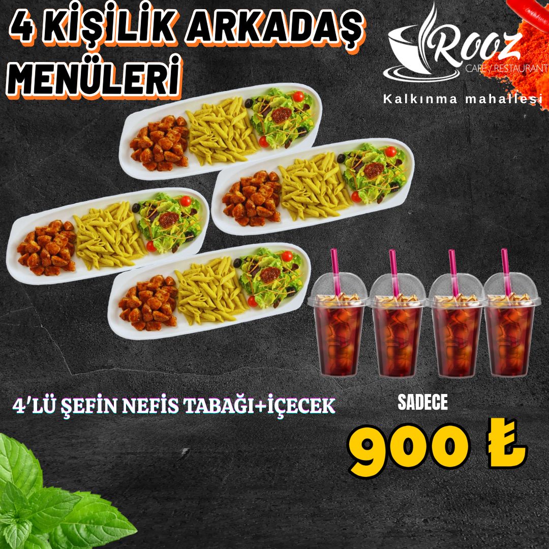 4'LÜ NEFİS ŞEFİN TABAĞI+İÇECEK - İÇECEK ÇEŞİTLERİ COLA -AYRAN küp küp doğranmış tavuk bonfile dilimleri,sarımsak,kekik,krema,zerdeçallı makarna,mevsim yeşillikleri ile servis edilir.