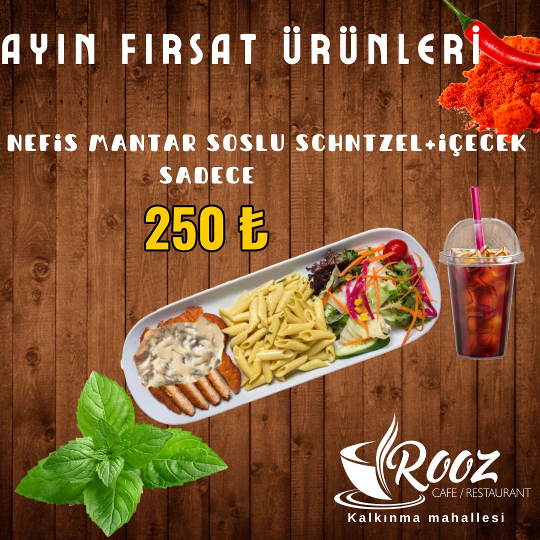 NEFİS MANTAR SOSLU SNHNITZEL+İÇECEK - İÇECEK ÇEŞİTLERİ COLA -AYRAN 
Kremalı mantar soslu viyana usulü Schnitzel,sarımsak,mantar,krema,zerdeçallı makarna,mevsim yeşillikleri ile servis edilir.