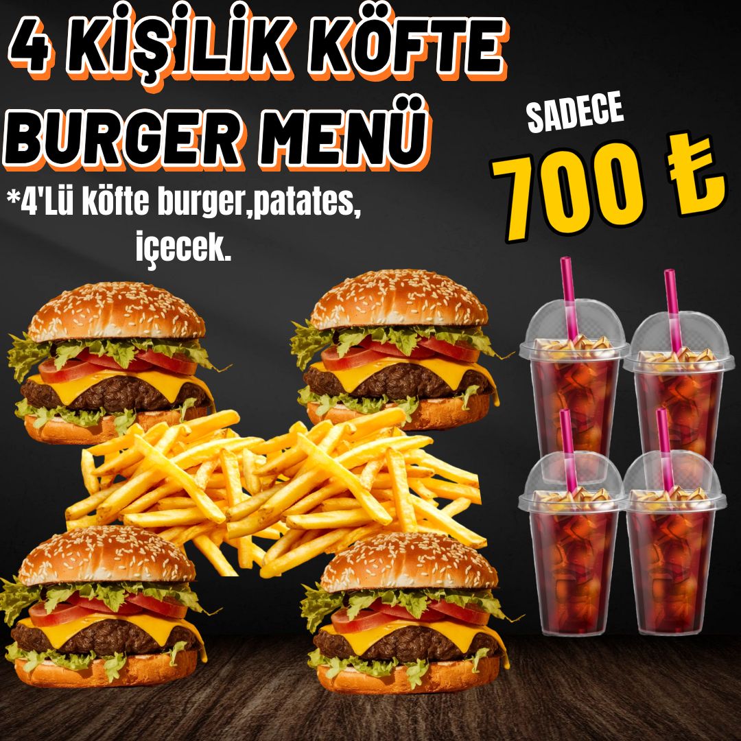 4'LÜ ESFANE KÖFTE BURGER +PATATES+ İÇECEK - İÇECEK ÇEŞİTLERİ COLA -AYRAN   hamburger köftesi ,marul,turşu,domates,karamelize mantar-soğan,cheddar sos