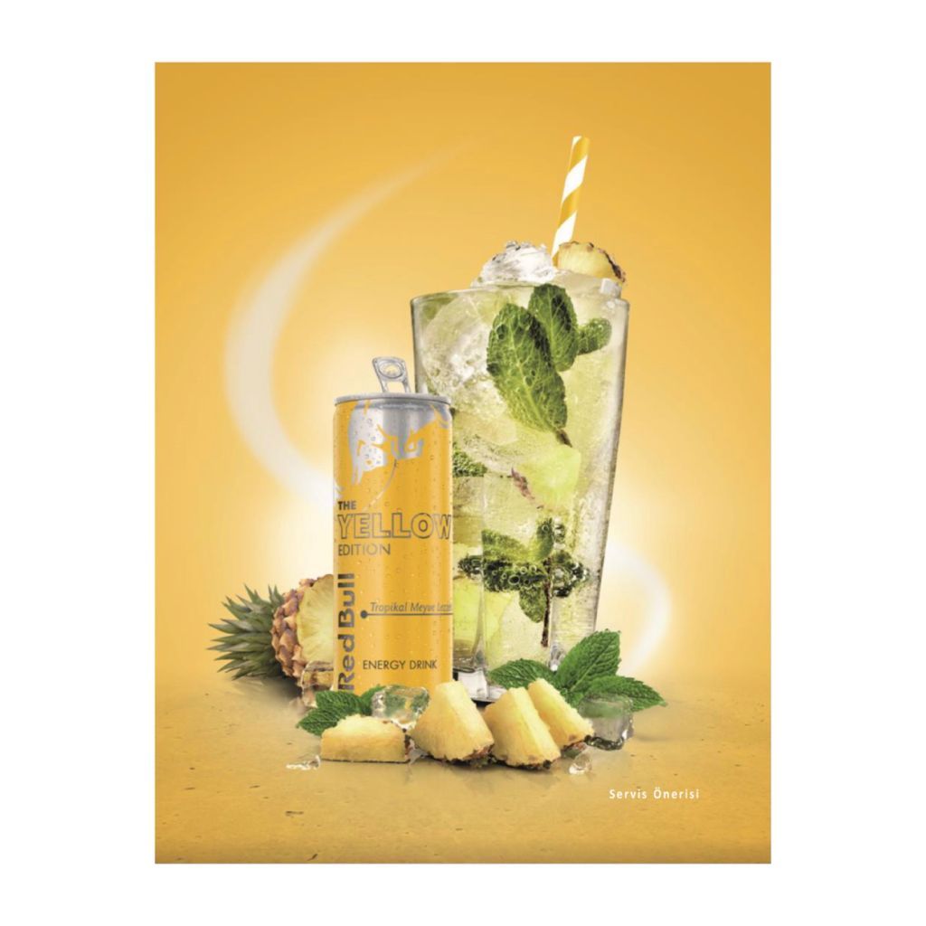 RED BULL TWIST - Red Bull Yellow Edition, Ananas. Taze Nane, Buz ve Soda ile karıştırılmıştır.