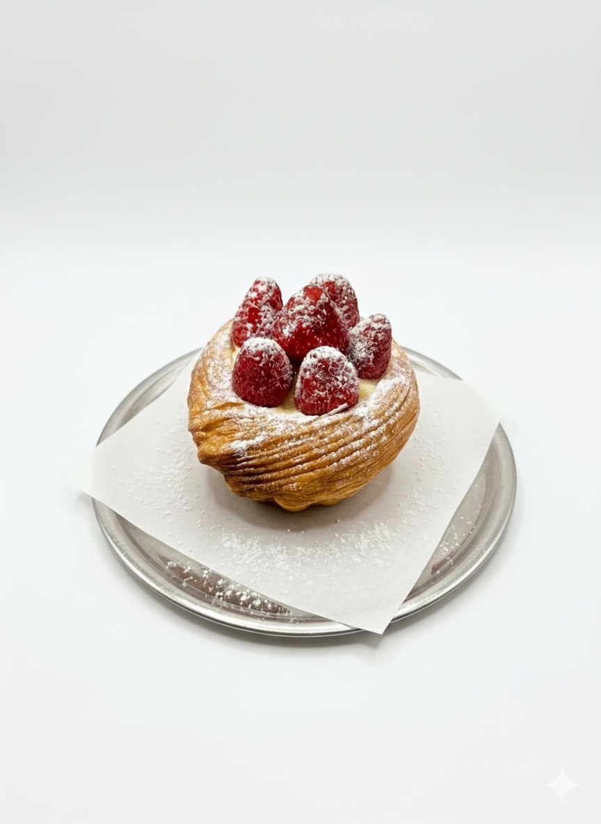 Çilekli Danish Kruvasan - Danish Kruvasan, Çilek Sosu , Choco Lounge Kreması, Çilek, Pudra Şekeri, Dilediğiniz 1 Pot Belçika Çikolatası