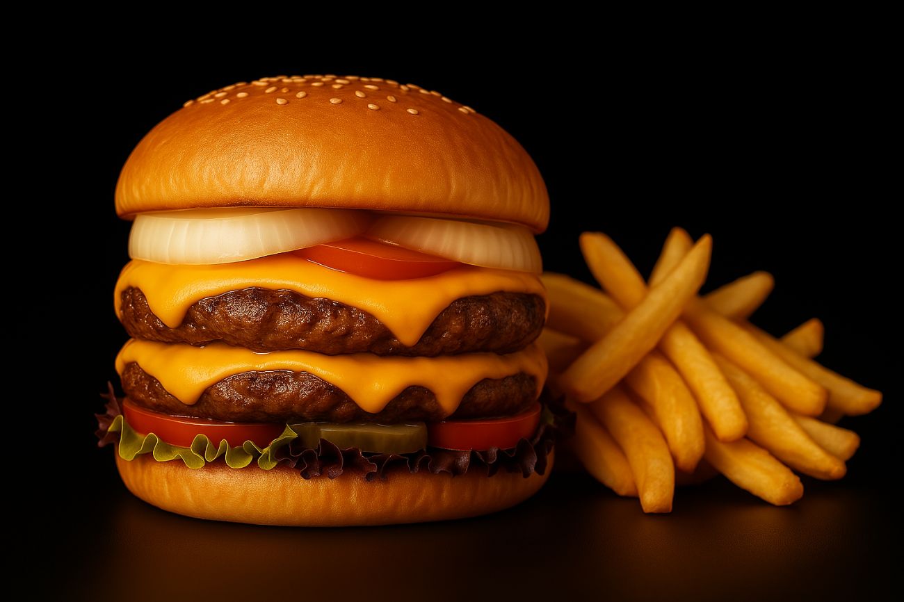 Öğrenci Double Cheese Burger - Double CheeseBurger includes: - Sesame seed bread - Grilled beef patty X 2 - Melted cheddar cheese - Fresh lettuce - Sliced tomato - Pickles cucumber - Onion rings - Special house sauce - Crispy French fries on the side