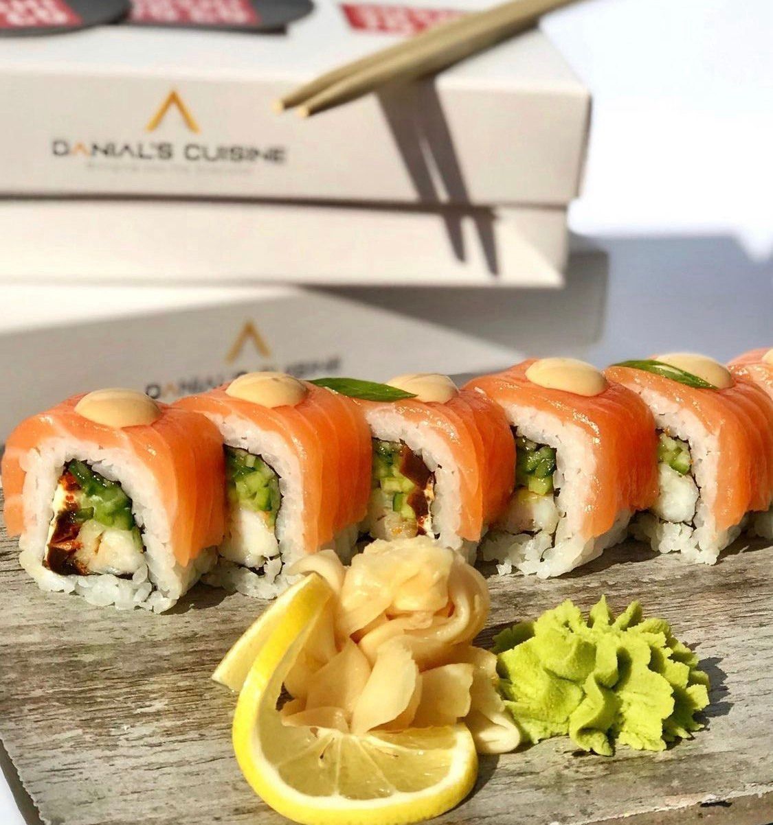 Red Dragon Roll- 8pcs - Red Dragon Roll – A bold and savory roll with salmon, shrimp, caviar, cream cheese, shiitake mushrooms, cucumber, and rice wrapped in nori