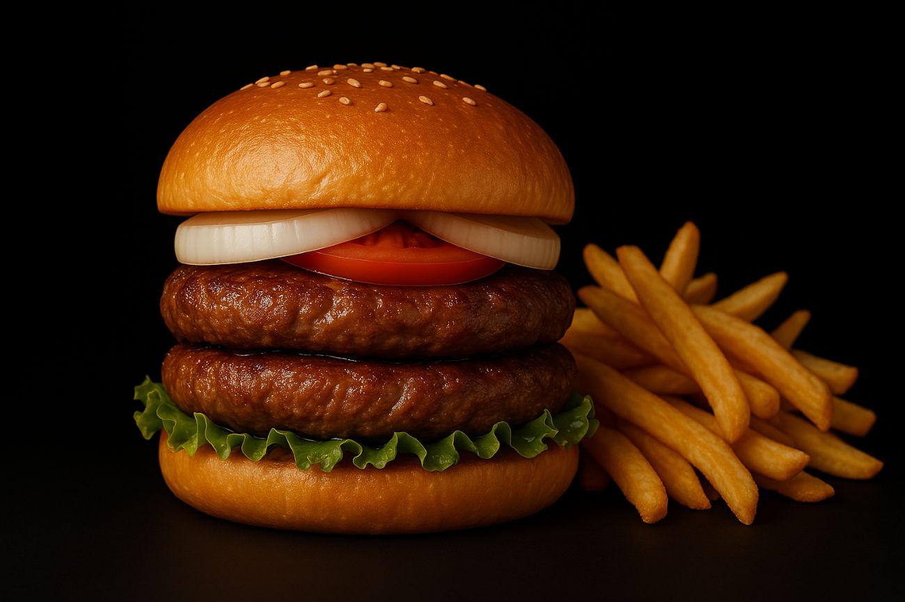 Double HamBurger - Double HamBurger includes: - Sesame seed bread - Grilled beef patty x 2 - Fresh lettuce - Sliced tomato - Pickles cucumber - Onion rings - Special house sauce - Crispy French fries on the side