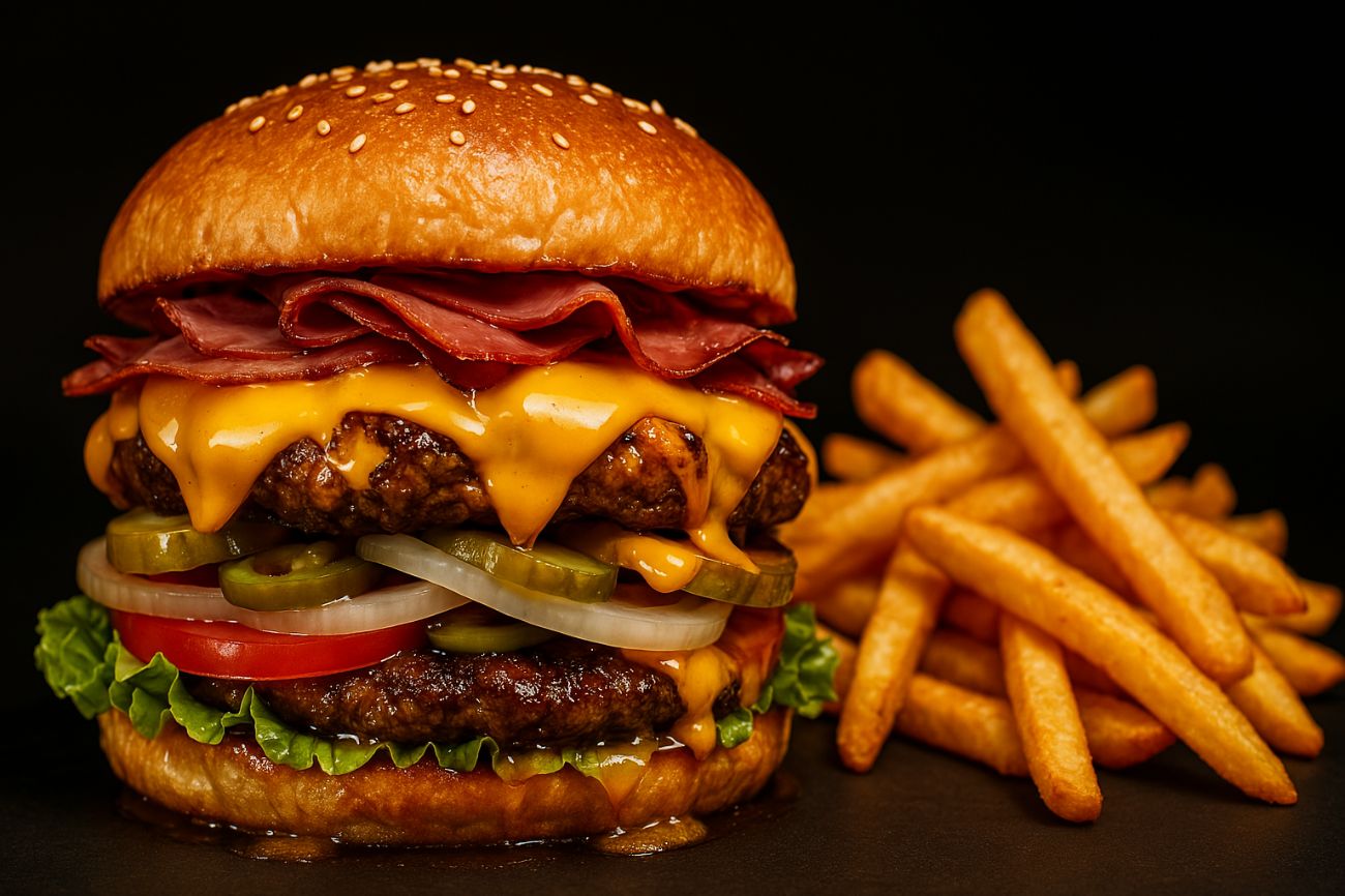 Monster Burger - Monster Burger includes: - Toasted sesame seed bread   - Double grilled beef patties   - premium basturma   - Fresh green lettuce   - Sliced tomato   - pickles   - Red onion rings   - Optional melted cheddar cheese   - Served with crispy golden French fries on the side