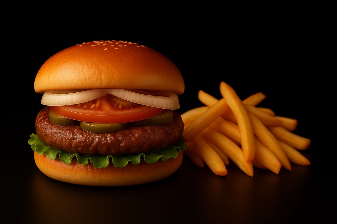 Hamburger - Our Hamburger includes: - Sesame seed bread -  Grilled beef patty - Fresh lettuce - Sliced tomato - Pickles cucumber - Onion rings - Special house sauce - Crispy French fries on the side