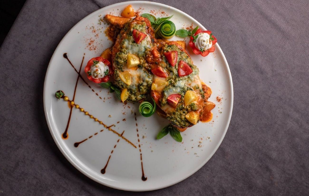 Pesto Chicken - Pesto Chicken – grilled chicken breast topped with fresh basil pesto sauce, served with roasted potatoes and sautéed vegetables