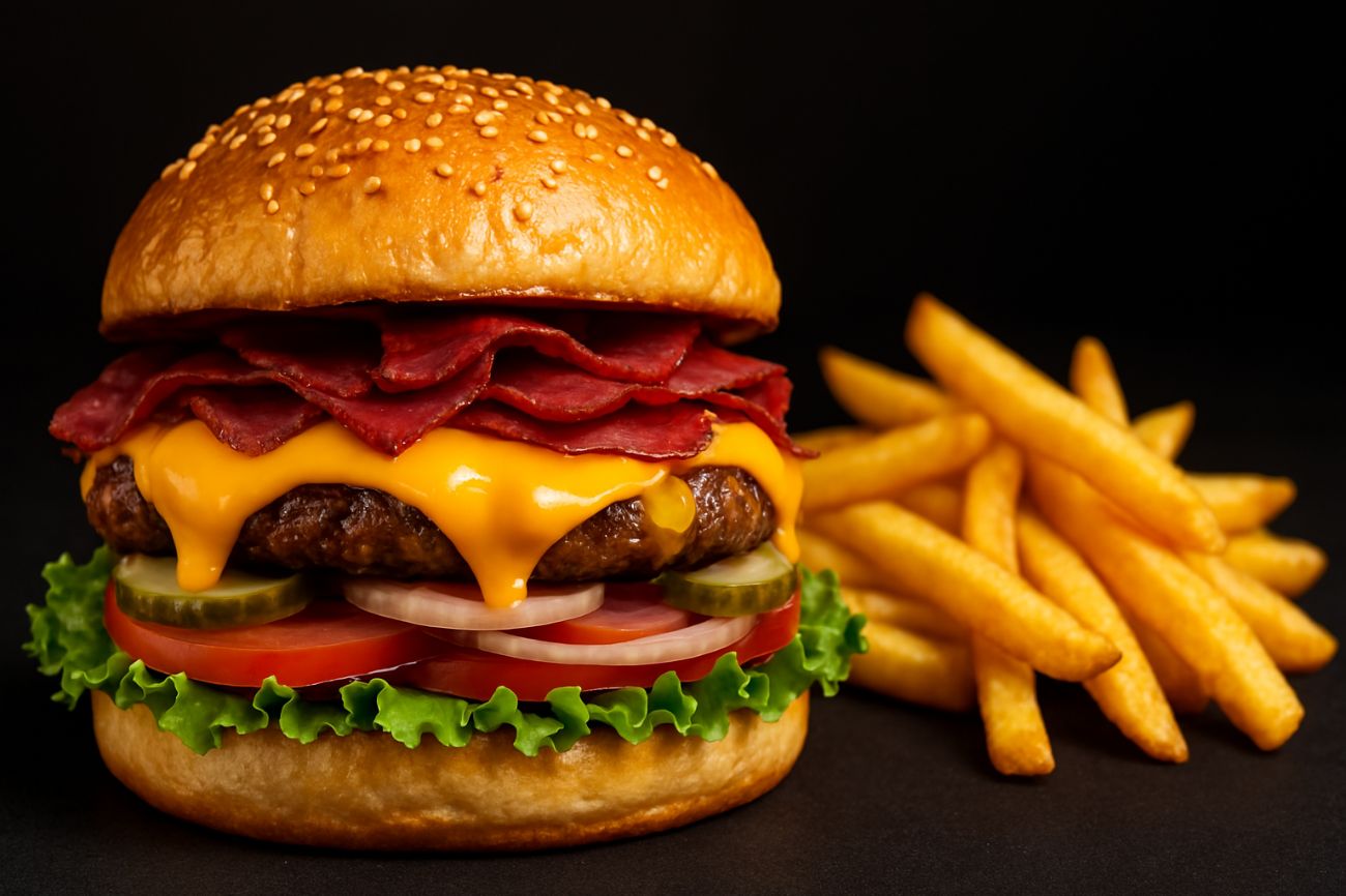 Basturma Burger - Basturma Burger includes: - Sesame seed bread   - Grilled beef patty   - Slices of savory basturma (cured beef)   - Melted cheddar cheese (optional)   - Fresh green lettuce   - Sliced tomato   - Pickles   - Onion rings   - Served with crispy French fries on the side