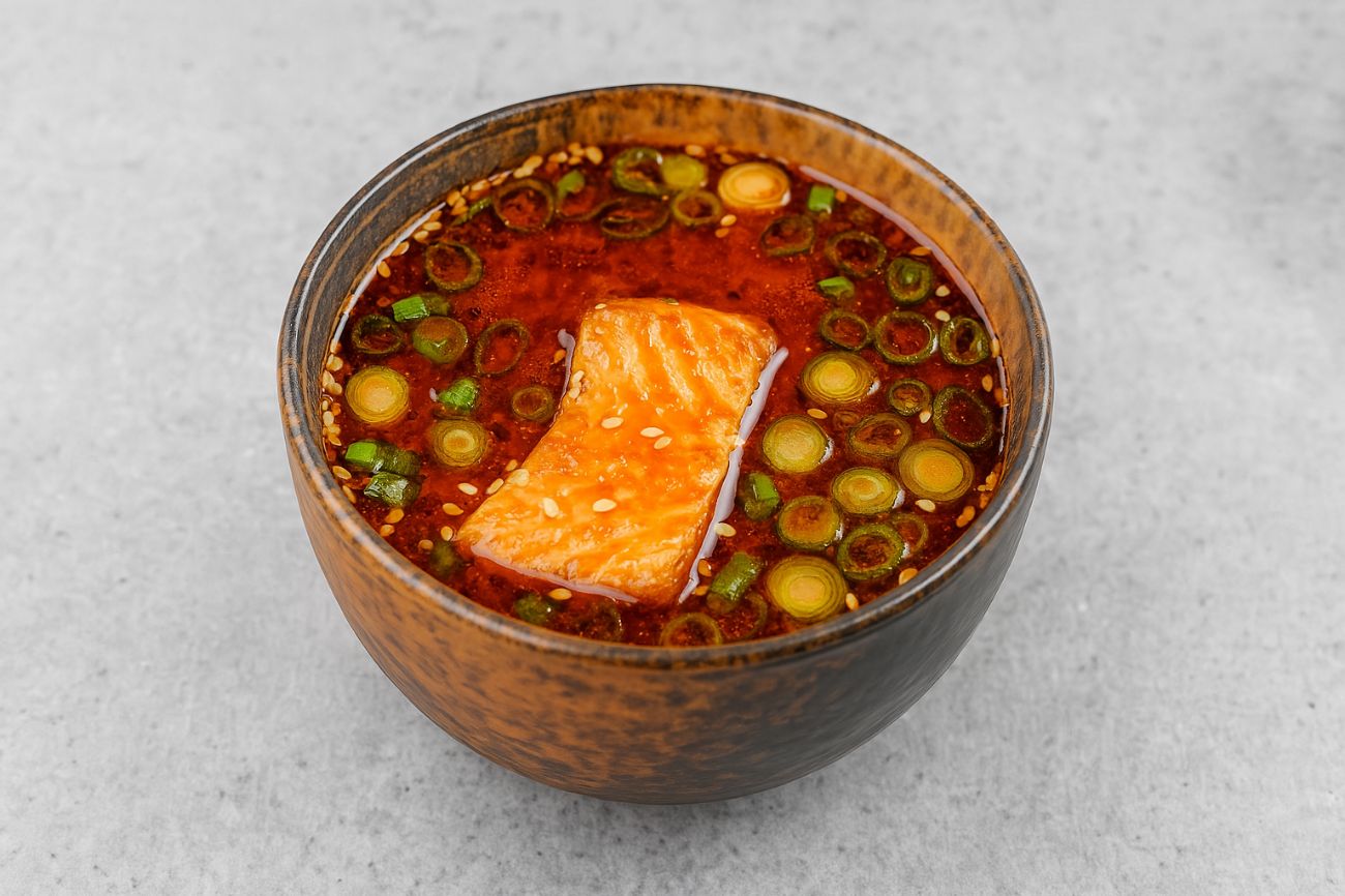 Chicken Udon Soup - Chicken Udon Soup with miso broth, tender chicken, linguine noodles, green onions, and sesame seeds