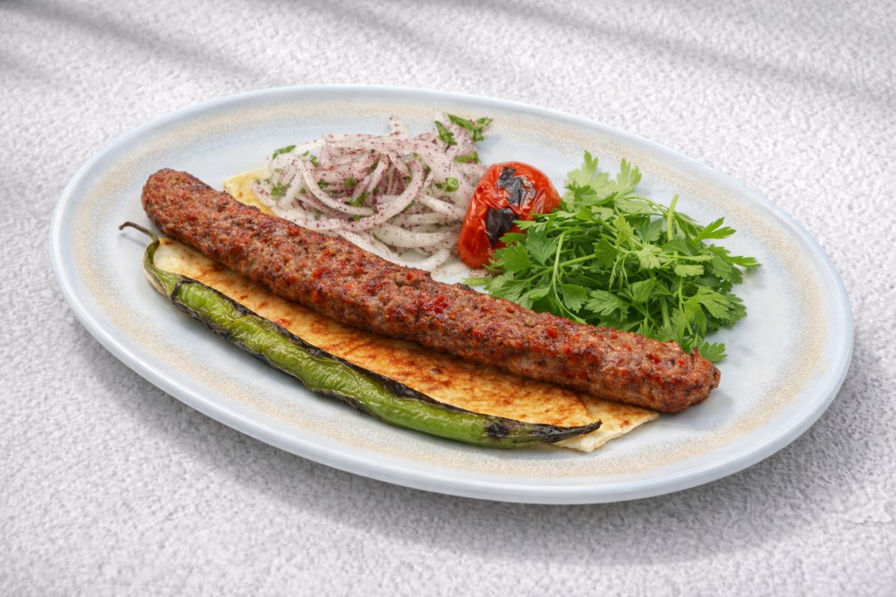 Sultan Kebabı - Sumaklı soğan, köz domates, köz biber ile servis edilir.