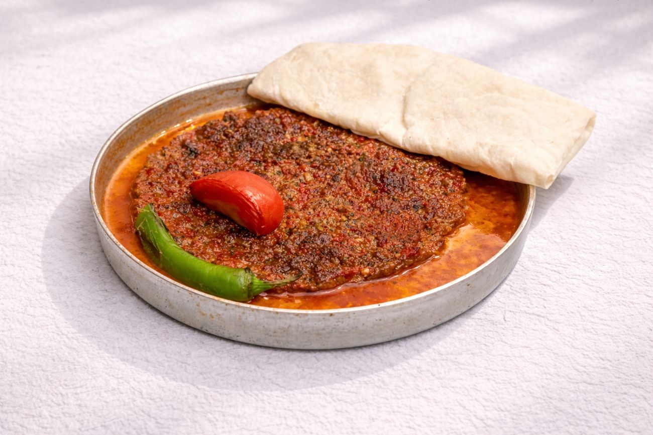 Sini Kebabı - Közlenmiş domates ve biber ve sıcak lavaş ile servis edilir.