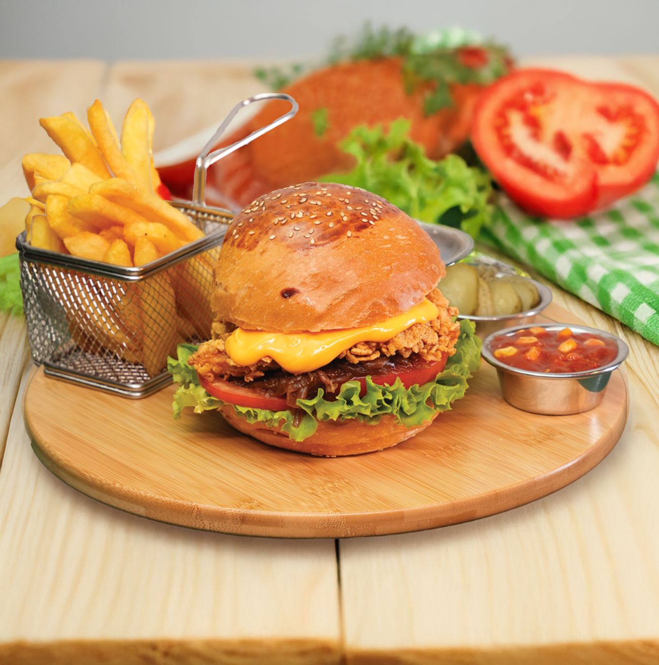 CHICKEN & CHEESE - Tavuk, cheddar, yeşillik, karamelize soğan, domates, mayonez, salsa sos, çubuk turşu + patates kızartması