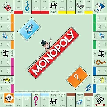 Monopoly - شراء/بيع عقارات ومساومة على الثروة. 🎯 الصعوبة: سهلة–متوسطة 🕒 60–180 دقيقة