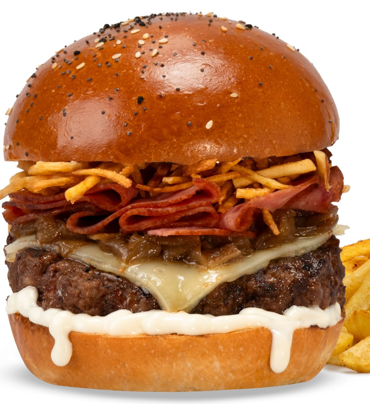 GARLIC BURGER - 120 gr. dana burger köftesi, karamelize soğan, dilim kaşar peyniri, füme dana eti. özel Garlig sos, kibrit patates