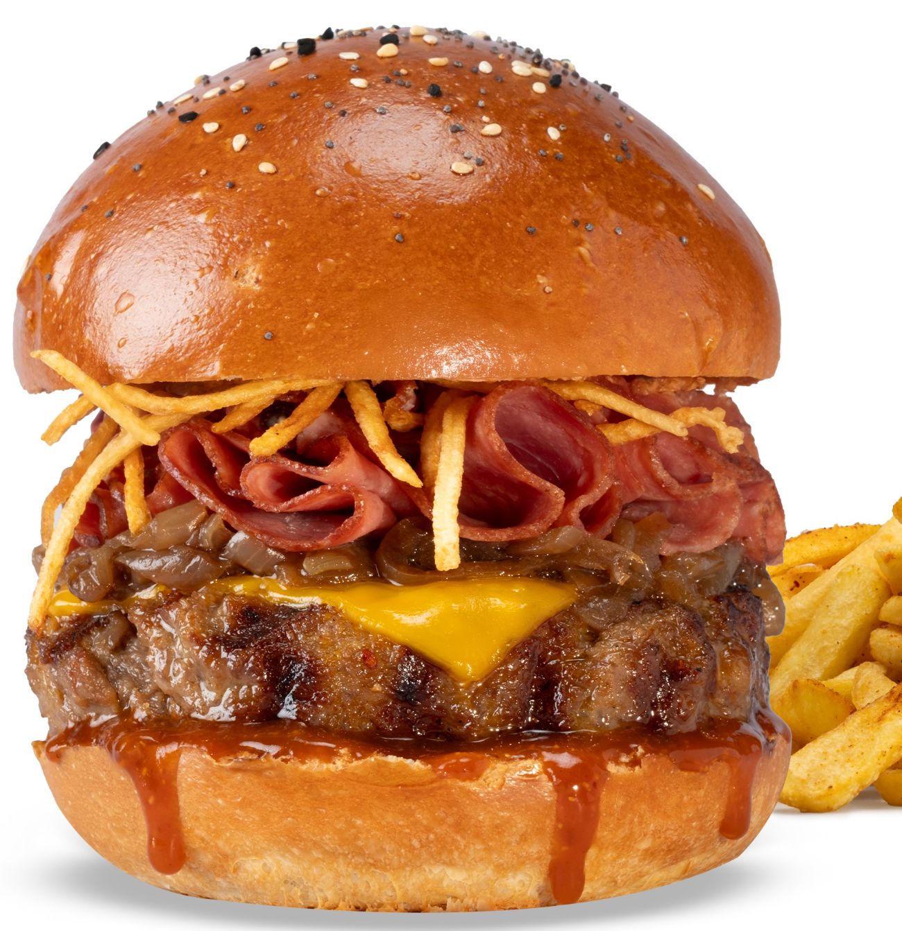 MEAT ULTİMATE BURGER - 120 g dana burger köftesi, double füme dana eti, cheddar peyniri, karamelize soğan, kibrit patates kızartması,