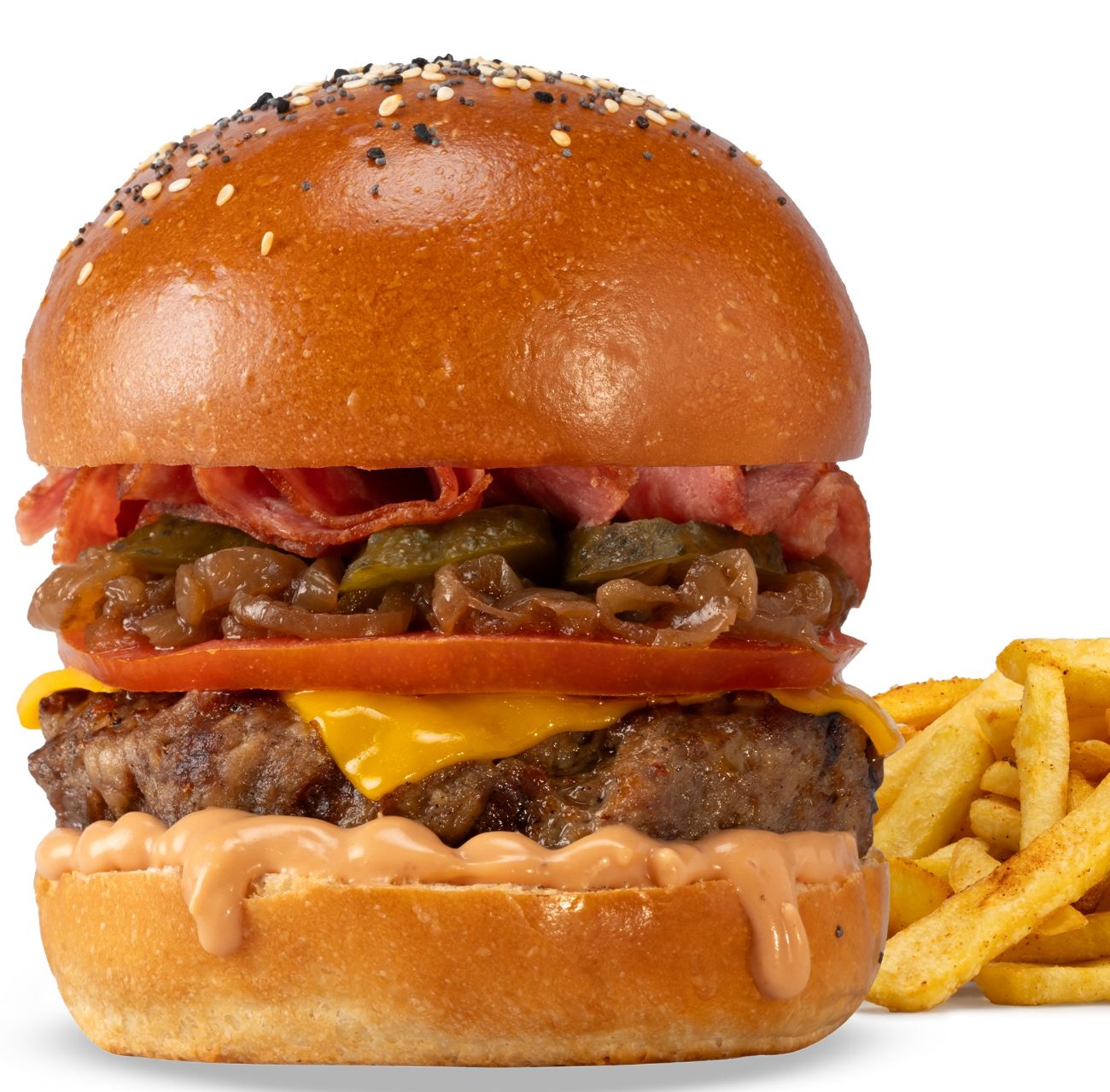 MEAT BURGER - 120gr. dana köfte, 20 gr. füme dana et, cheddar peynir, karamelize soğan,  domates, turşu, Meat burger sos.