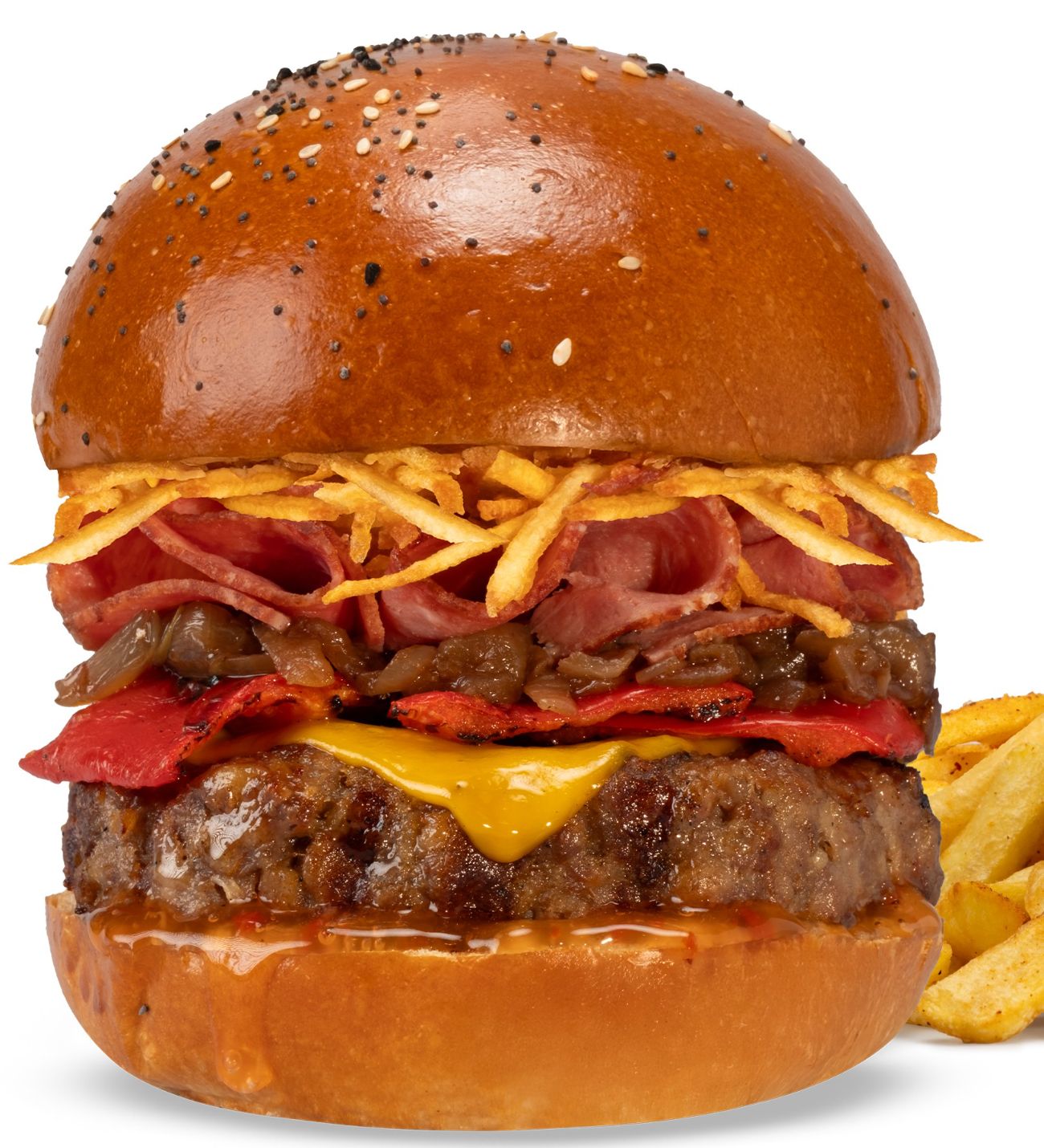 SWEET CHILI BURGER - Özel sweet chili sos, 120 gr. dana burger köftesi, dana füme eti, kırmızıbiber, karamelize soğan, cheddar peyniri, kibrit patates