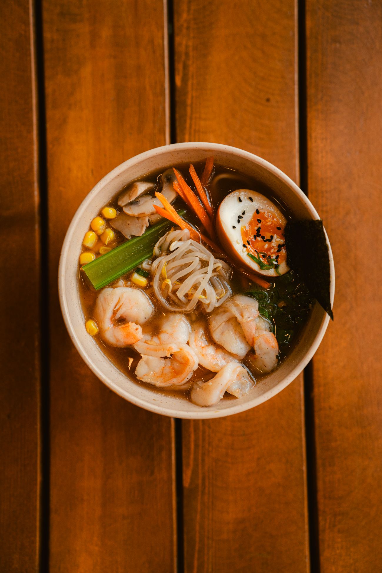 Shrimp Ramen - Shrimp, noodles, bean sprouts, eggs, green onions, celery, carrots, corn, mushrooms, nori