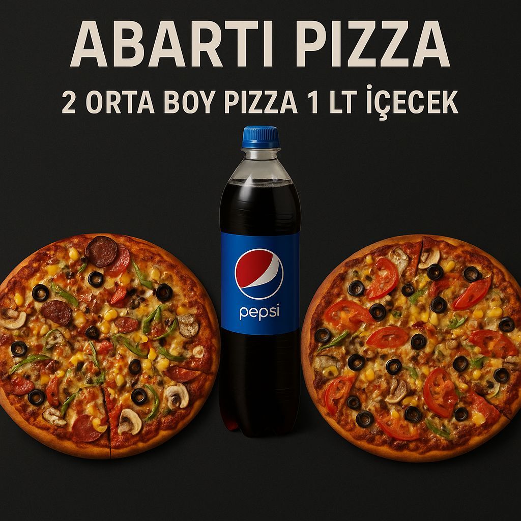 2 Orta Boy Pizza 1 Litre Pepsi - Pastırmalı pizza hariç dilediğin 2 orta boy pizza yanında 1 lt içecekle birlikte