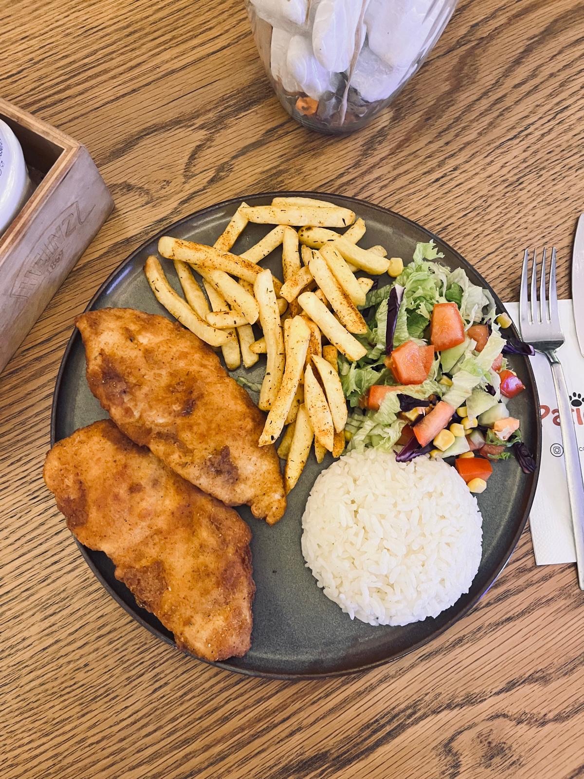 Tavuk şinitzel - Pilav,salata ve cips ile servis edilir