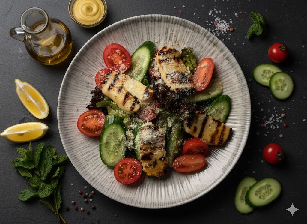 Akdeniz Hellim Salata - Akdeniz yeşillikleri , ızgara hellim, çeri domates, silor salatalık, zeytin yağ, limon, hardal