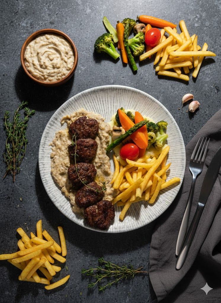 Beğendili Köfte - Izgara köfte 200 gr, beğendi sos, sote sebze, patates kızartması (seçiniz: kaşık, elma dilim, parmak)