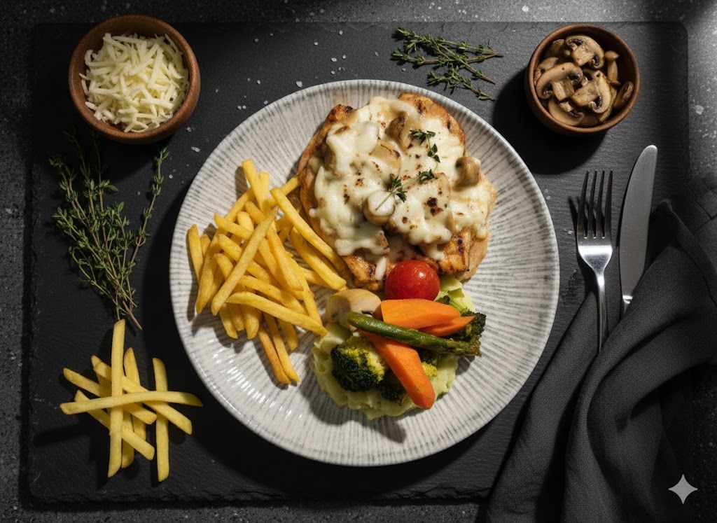 Mushroom Chicken - 160 gr. tavuk göğüs, kremalı mantar sos, rende mozzarella, Patates püresi yatağında sote sebzeler, patates kızartması  (seçiniz: kaşık, elma dilim, parmak)