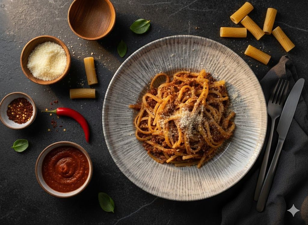 Linguine Bolonez - Şili Bolonez sos, el yapımı linguine ve parmesan