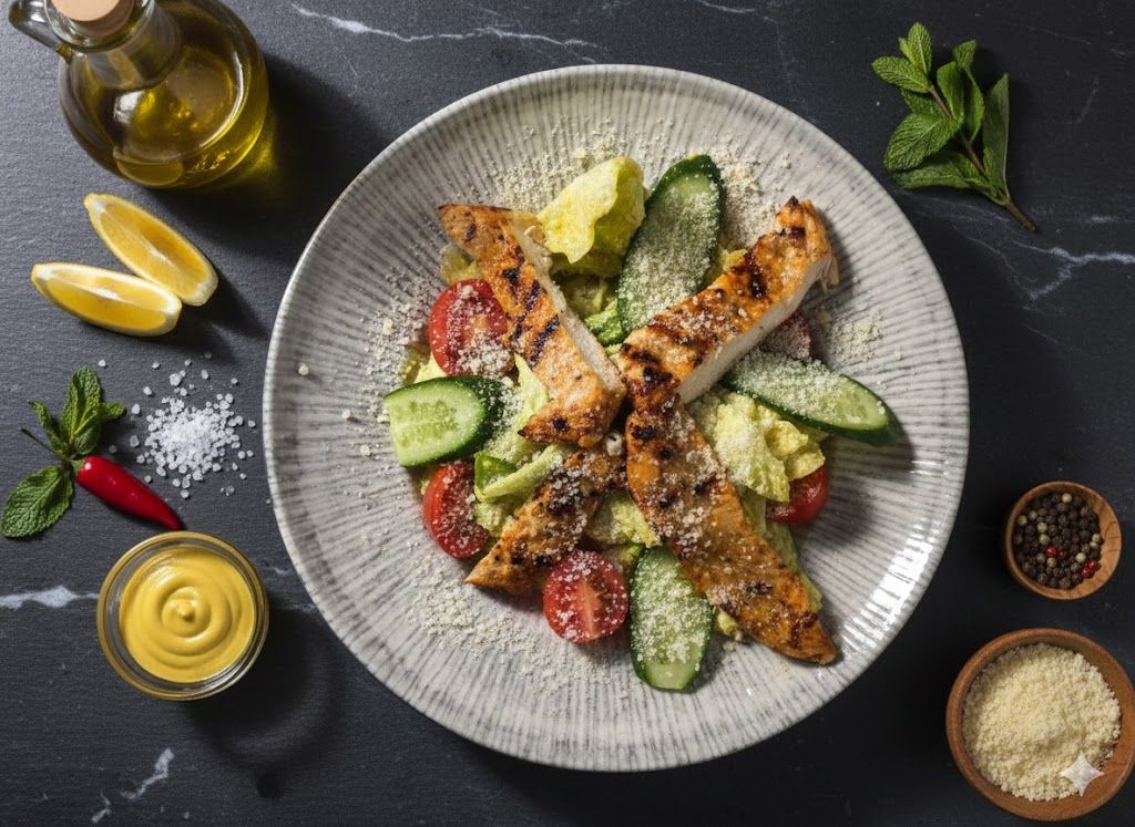 Tavuklu Sezar Salata - 130 gr. Tavuk göğüs, sezar sos, iceberg marul, hardal,  kruton ekmek, çeri domates, silor salatalık, zeytin yağ, limon