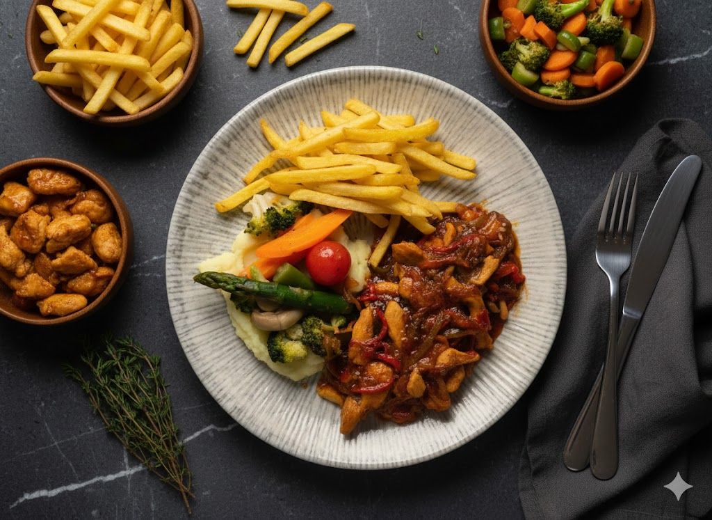 BBQ Soslu Tavuk - 160 gr. tavuk göğüs, sotelenmiş sebzeler ve patates püresi  yatağında sote sebze, patates kızartması  (seçiniz: kaşık, elma dilim, parmak)