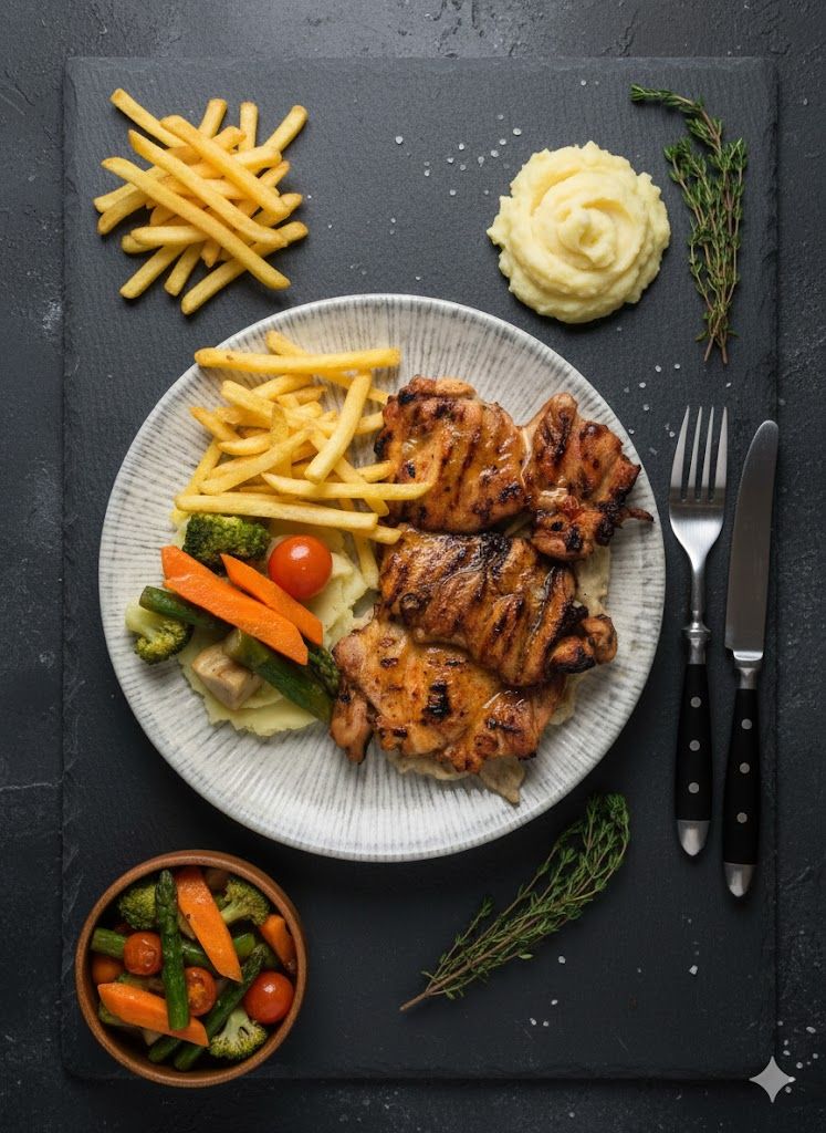 Beğendili Tavuk - 200 gr. ızgara talex tavuk, patates püresi yatağında sote sebze, beğendi sos, patates kızartması (seçiniz: kaşık, elma dilim, parmak)