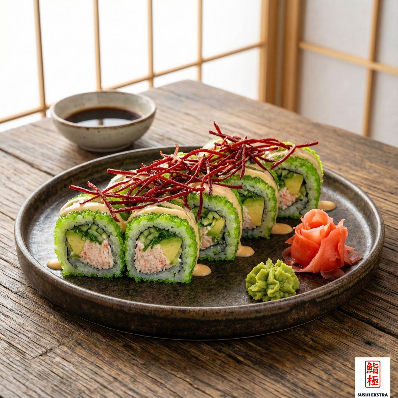 KANI GOME ROLL - Surumi yengeç, wakame, mayonez, salatalık ve avokado Üzeri tobiko havyarı, özel istiridyeli kaki sos ve çıtır sebze