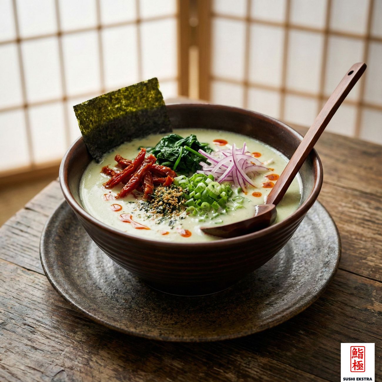 GURIN KARI RAMEN - Taze yeşil biberin ferahlatıcı acılığı, kırmızı soğanın hafif tatlılığıyla dengelenir. İstiridye sosunda marine edilmiş kuru domateslerin derin umami notaları, ıspanağın narin yaprakları ve taze soğanın canlı aromasıyla birleşerek bu özel ramenin lezzetini tamamlar. Zengin ve katmanlı lezzet profiliyle damaklarda kalıcı bir tat bırakır.
