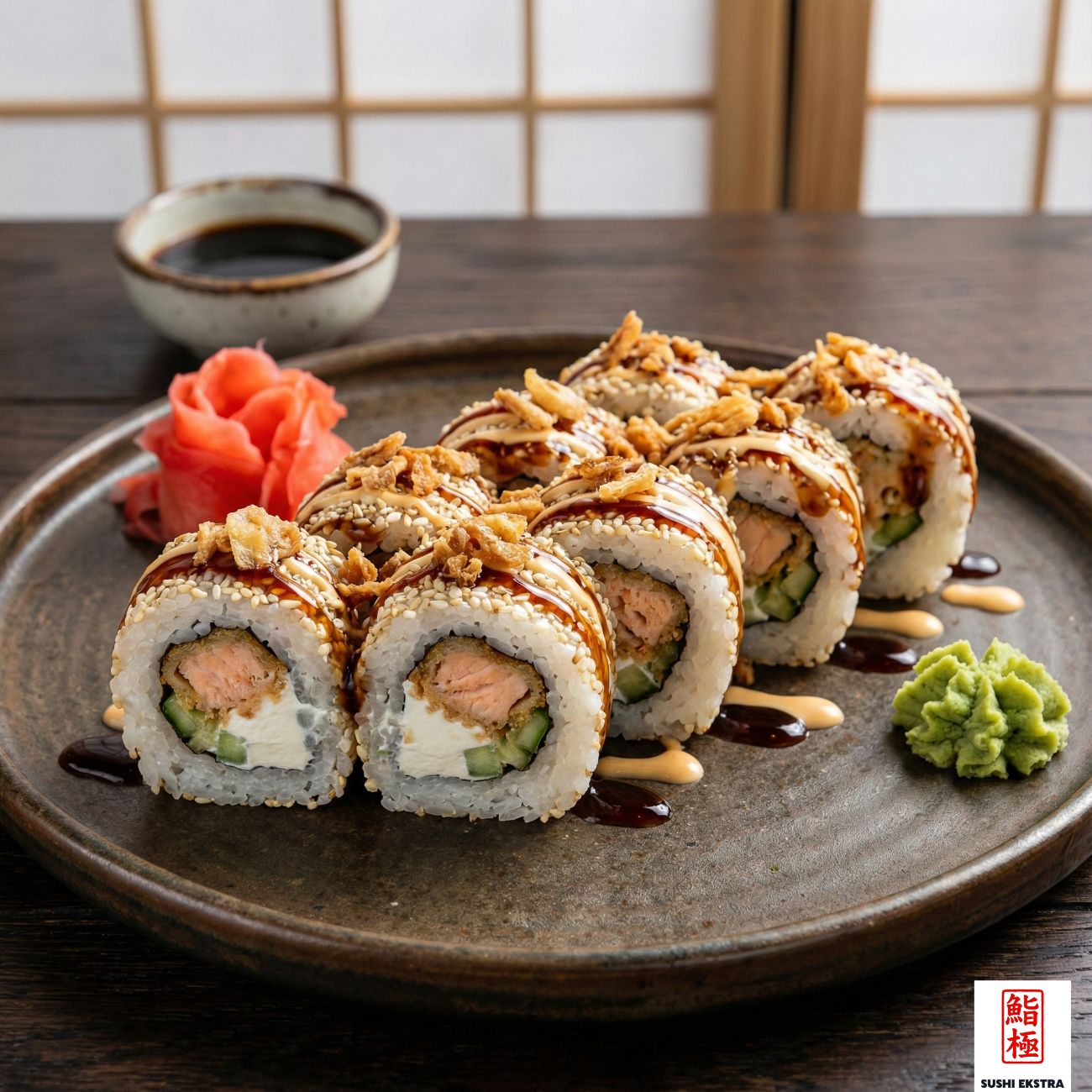 CRUNCH SALMON - Panelenmiş ve Kızartılmış Somon, Philadelphia Peyniri, Salatalık / Üzeri Susam, İstiridye sos, Kabayaki Sos ve Çıtır Sebze