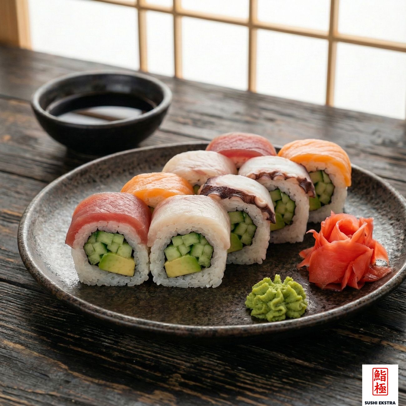 RAİNBOW ROLL - İçi: Salatalık, Avokado Üzeri: Levrek, Orkinos, Somon ve Ahtapot