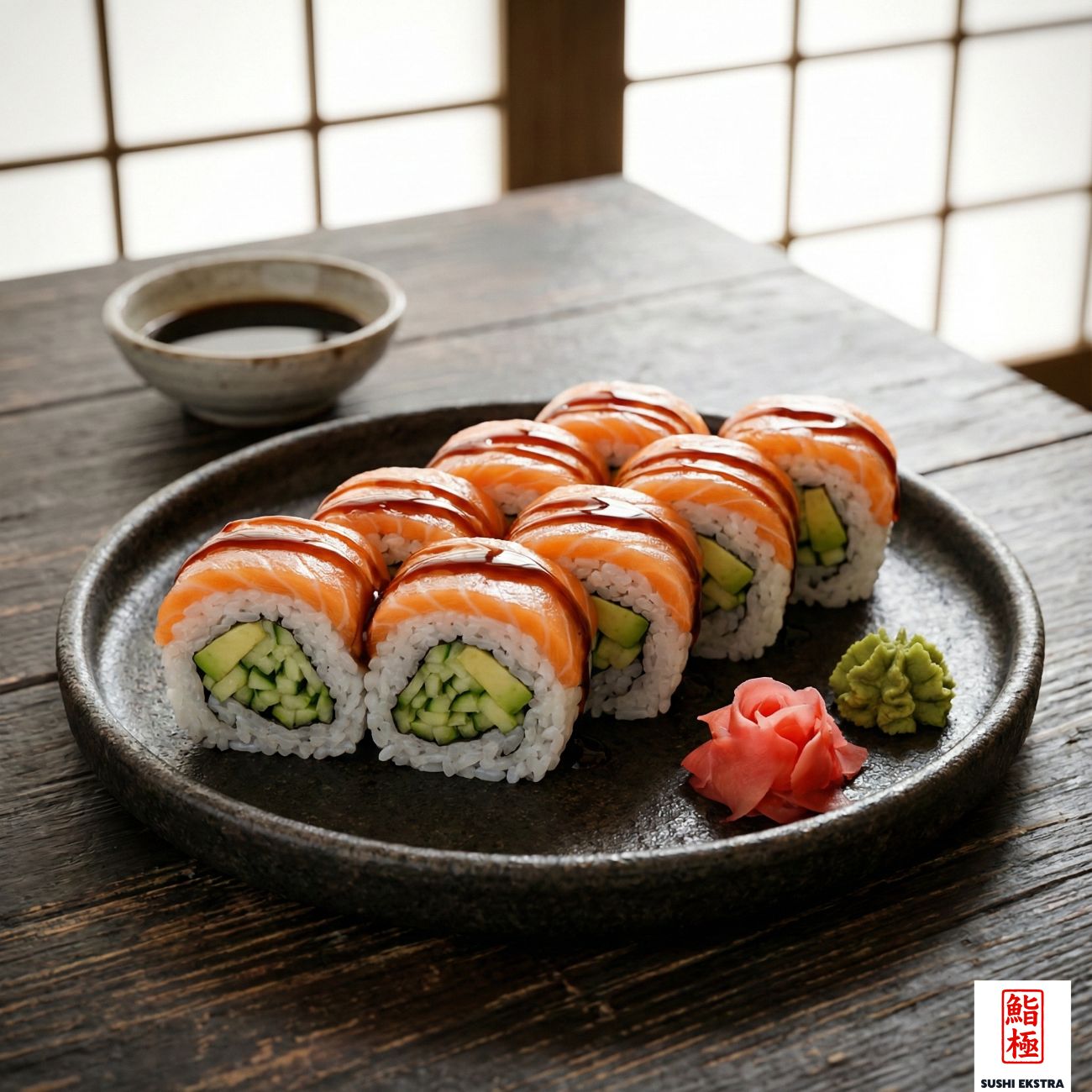 SAIKO ROLL - Salatalık, avokado / Üzeri Taze Norveç Somonu, Teriyaki sos