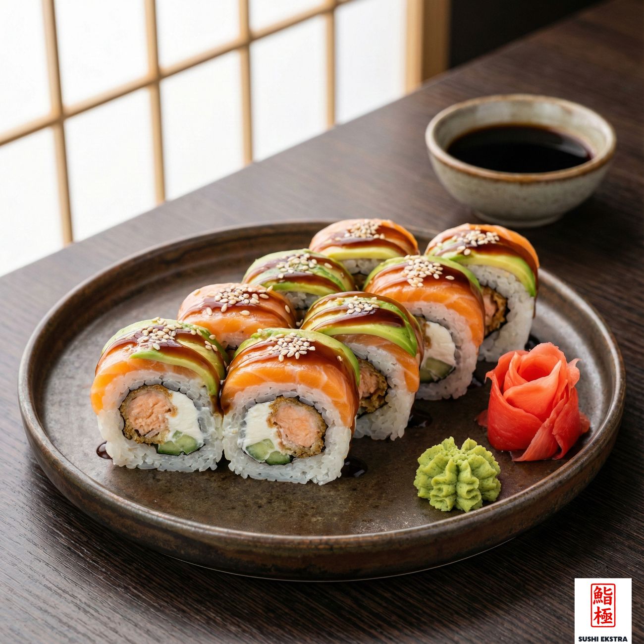 DOUBLE SALMON ROLL - Panelenmiş ve Kızartılmış Somon, Philadelphia Peyniri, Salatalık / Üzeri Taze Norveç Somonu, Avokado, Teriyaki Sos ve Susam