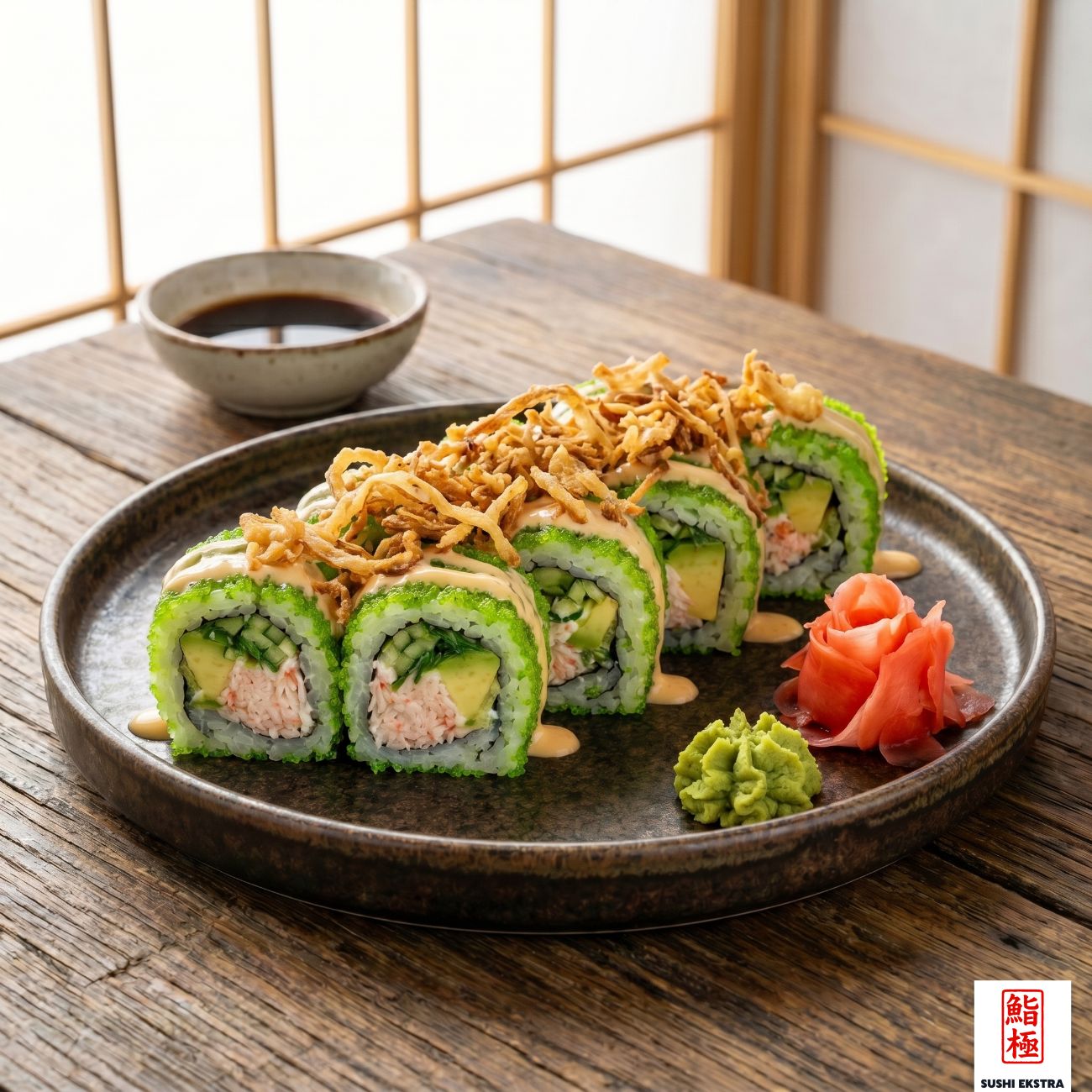 KANI GOME ROLL - Surumi yengeç, wakame, mayonez, salatalık ve avokado Üzeri tobiko havyarı, özel istiridyeli kaki sos ve çıtır sebze