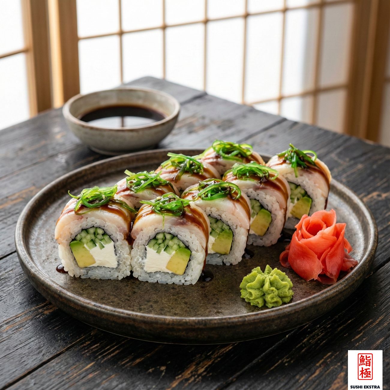 SUZUKI ROLL - Salatalık, avokado, philadelphia peyniri / Üzeri Taze levrek, wakame ve teriyaki sos