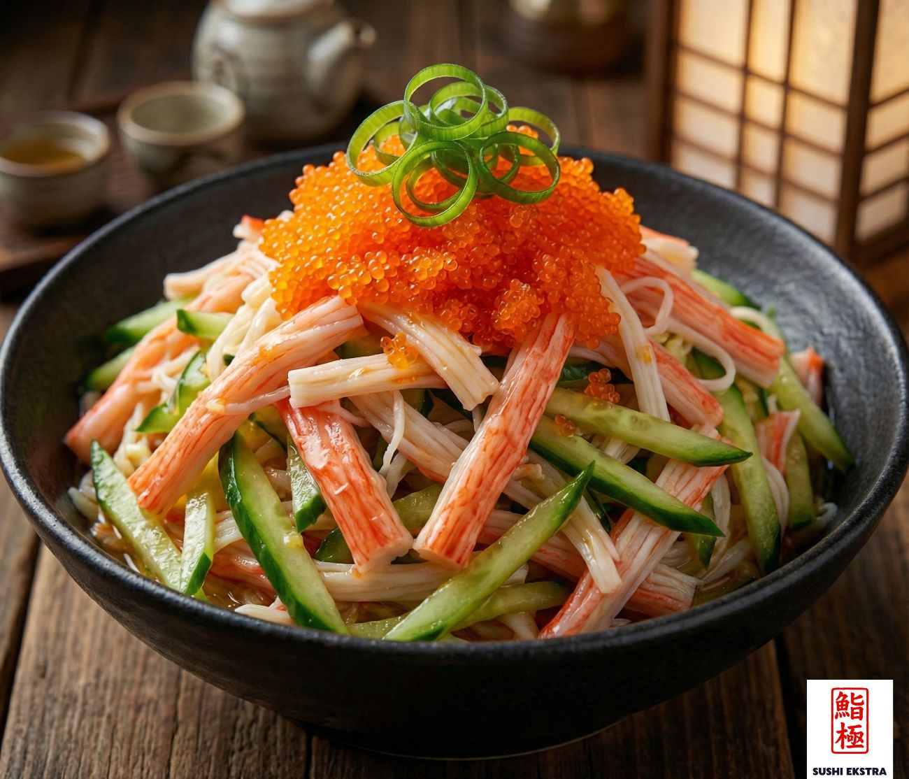 KANİ SALAD - Japon mutfağının hafif ve ferahlatıcı tatlarından Kani Salad; ince kıyılmış surumi yengeç çubukları, salatalık, wakame yosunu, özel Kewpie mayonezi ve tobiko havyarı ile harmanlanarak sunuluyor. Her lokmada dengeli ve leziz bir deneyim.