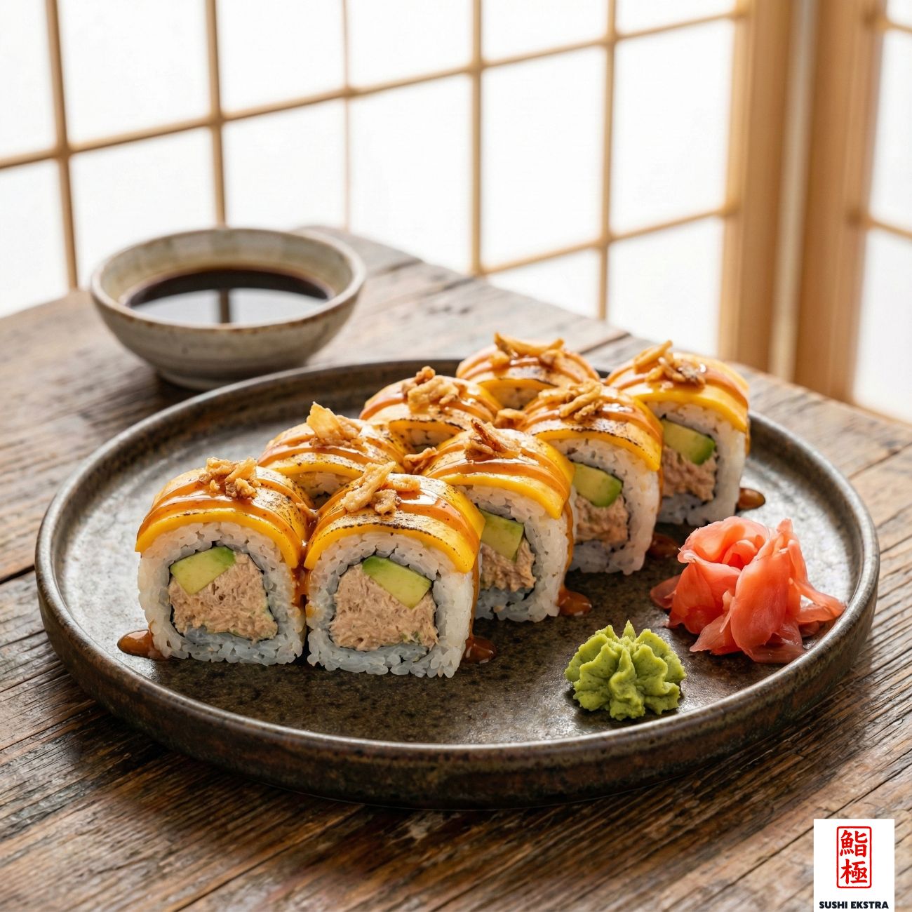 ACILI TUNA ROLL - 🥫Konserve ton balığı, acılı mayonez, avokado / üzeri erimiş cheddar peyniri, çıtır soğan ve Dinamit sos ile